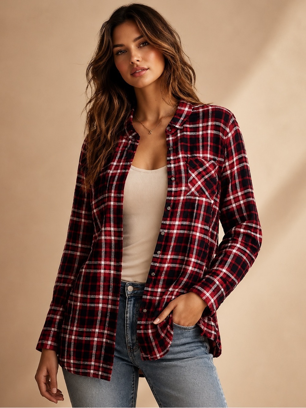 Talbots Red Black Plaid Tunic Shirt Size Small Button Front Long Sleeve